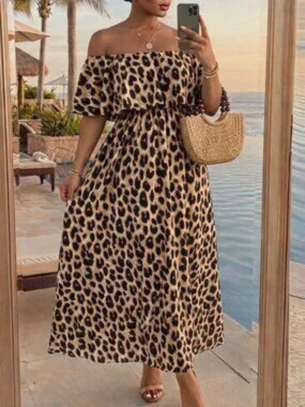 Khaki Casual Women's Leopard Print Off Shoulder Ruffle Waist A-Line Maxi Dress
